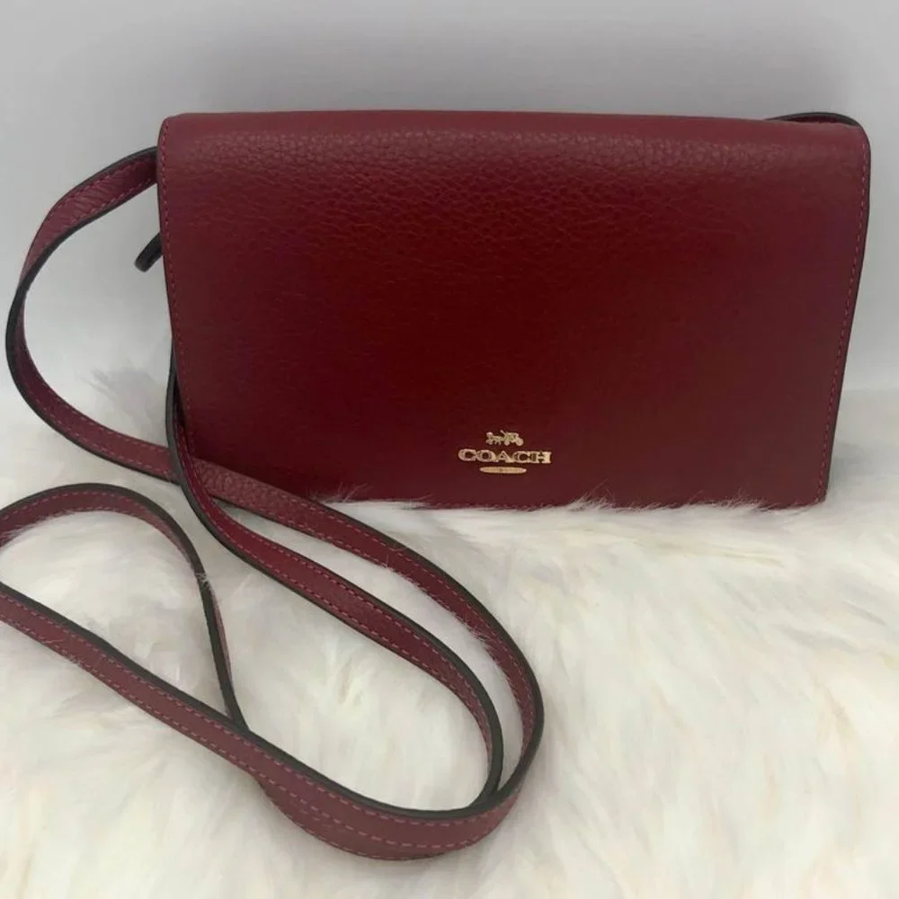 **SOLD SOLD** New Coach Anna Leather Fold Over Crossbody Clutch Bag - Cherry